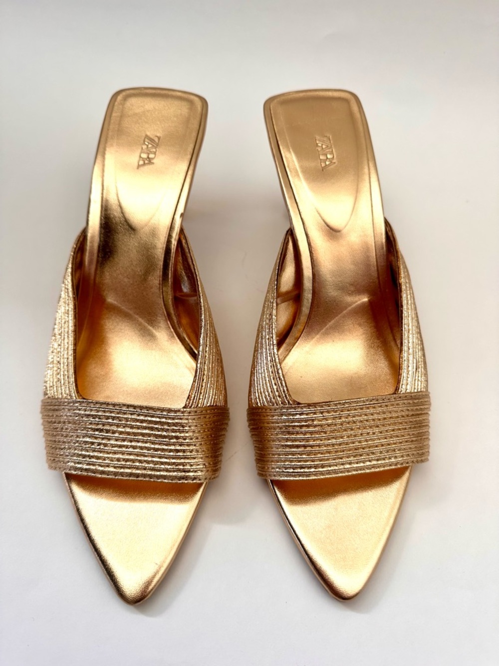 Zara Shimmery Gold Pointed-Toe Slip-On Heels